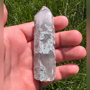 Clear Agate Point with Green Moss Agate Inclusions